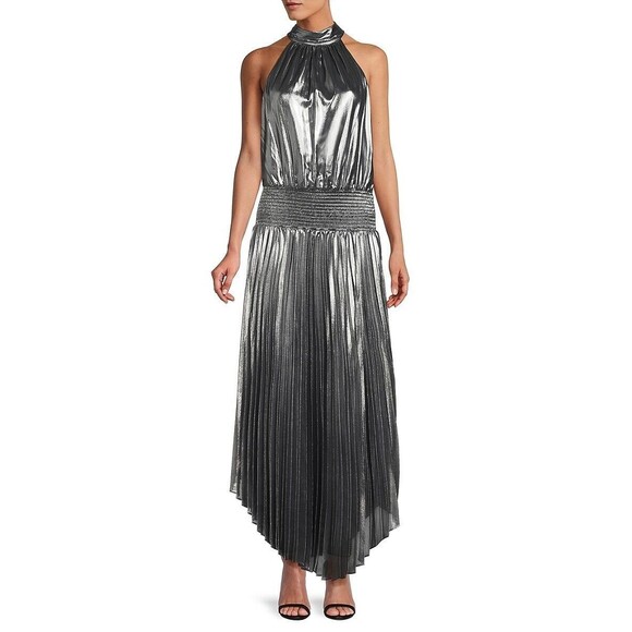 Ramy Brook Women's Olana Pleated Metallic Maxi Dress, Silver, 4